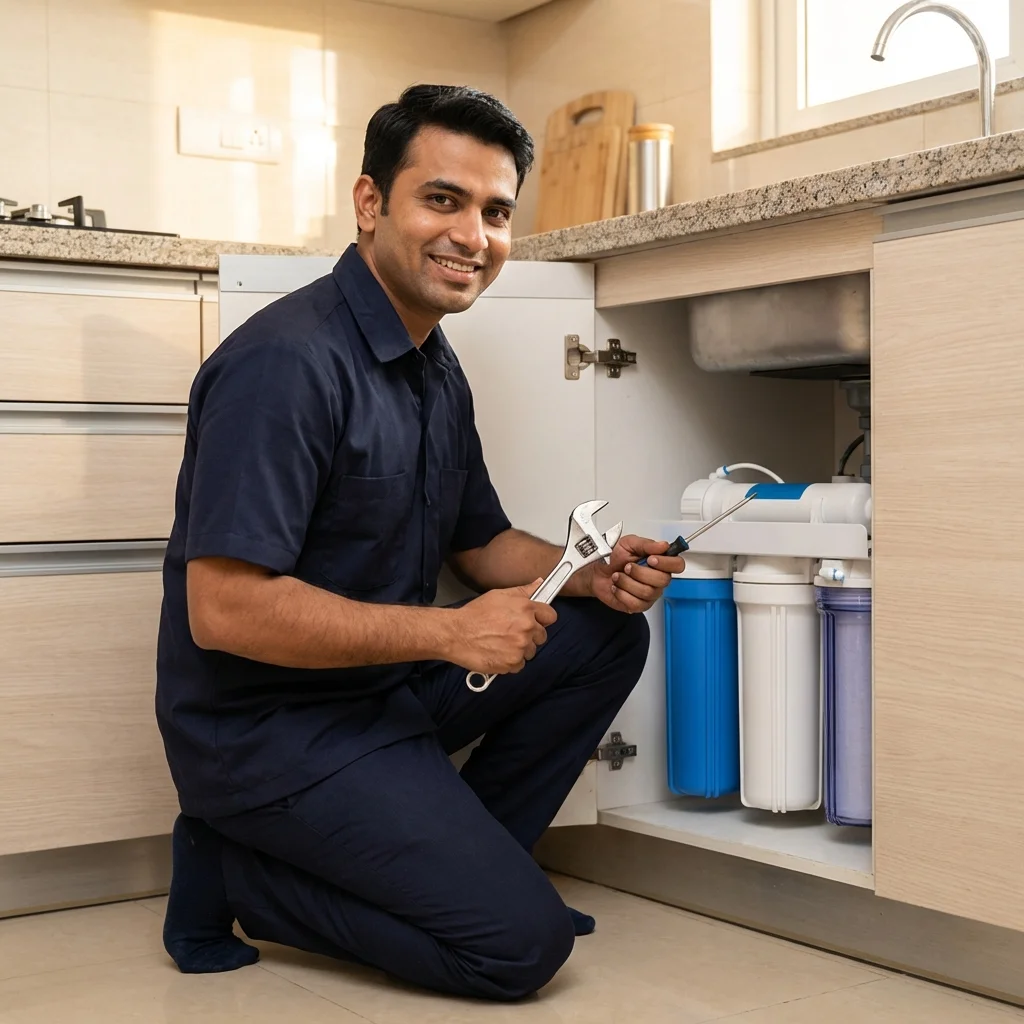 Ro Care Bharat technician servicing an RO water purifier
